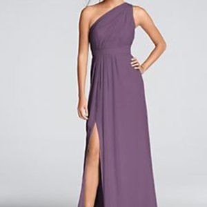 David's Bridal long one-shoulder crinkle chiffon dress sz 6 color wisteria